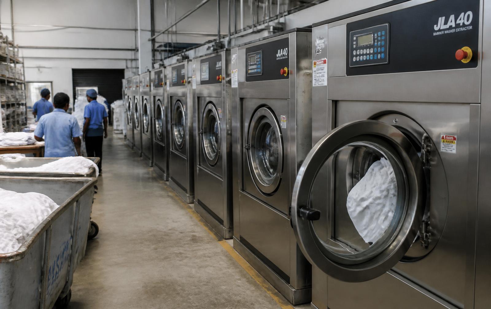 Xưởng giặt là công nghiệp với dãy máy giặt công suất lớn xử lý đồ vải khách sạn